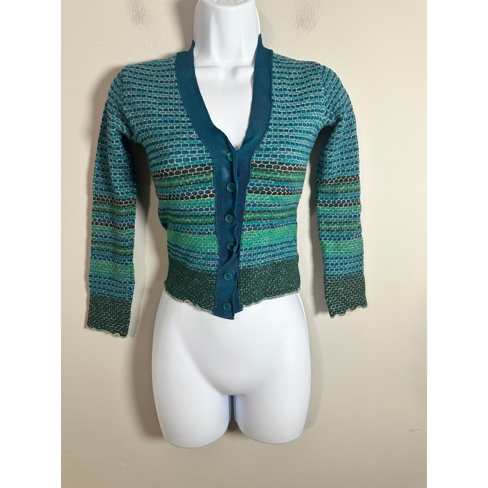 M Missoni Blue Green Striped Merino Wool Cropped Cardigan Sweater Size 8 US 44IT